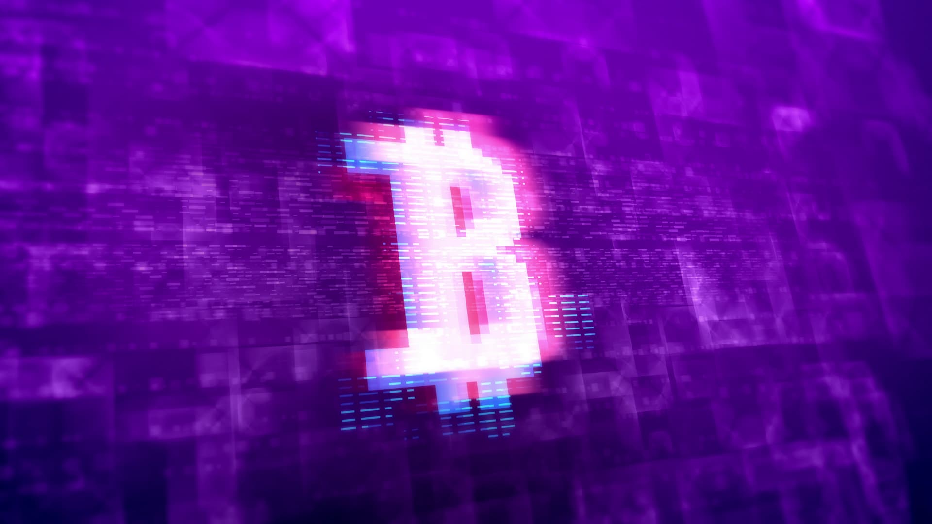 3d rendering of a white bitcoin sign with tith pink contour placed in the center of the screen in the violet background covered with sparkling lines and unclear forms in a hi-tech presentation