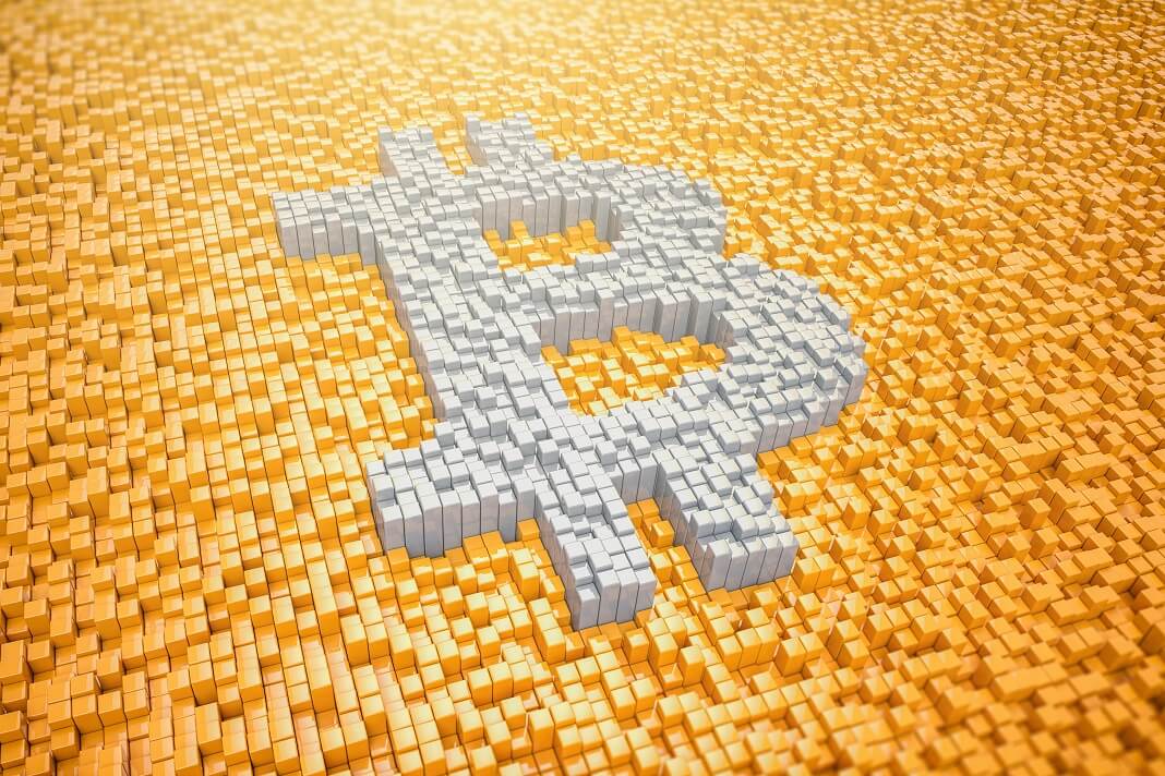 pixelated bitcoin symbol made from cubes over orange cubes