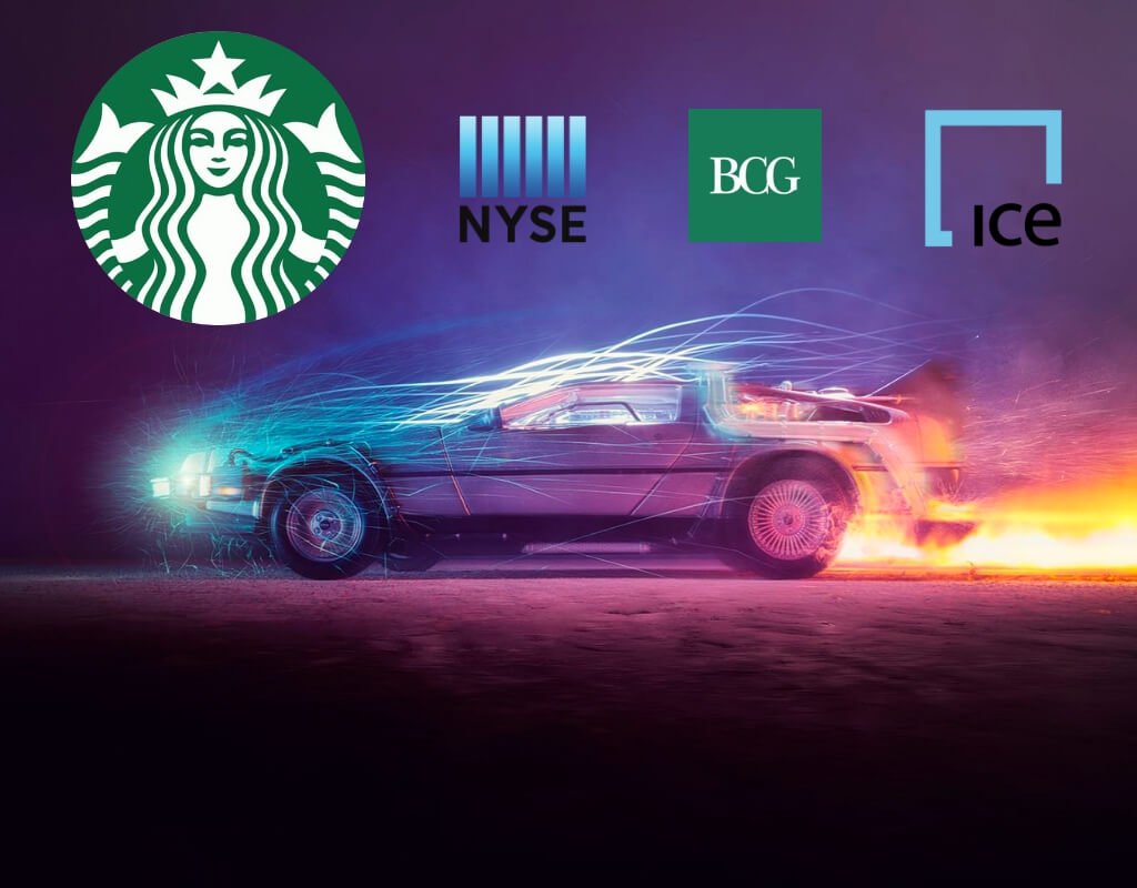 Delorean car with Starbucks, NYSE, BCG and ICE logos.
