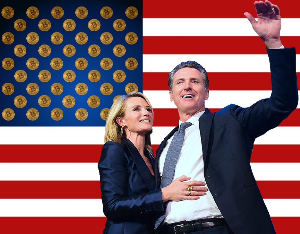 California's governor-elect Gavin Newsome celebrates with his wife, superimposed onto an American flag.