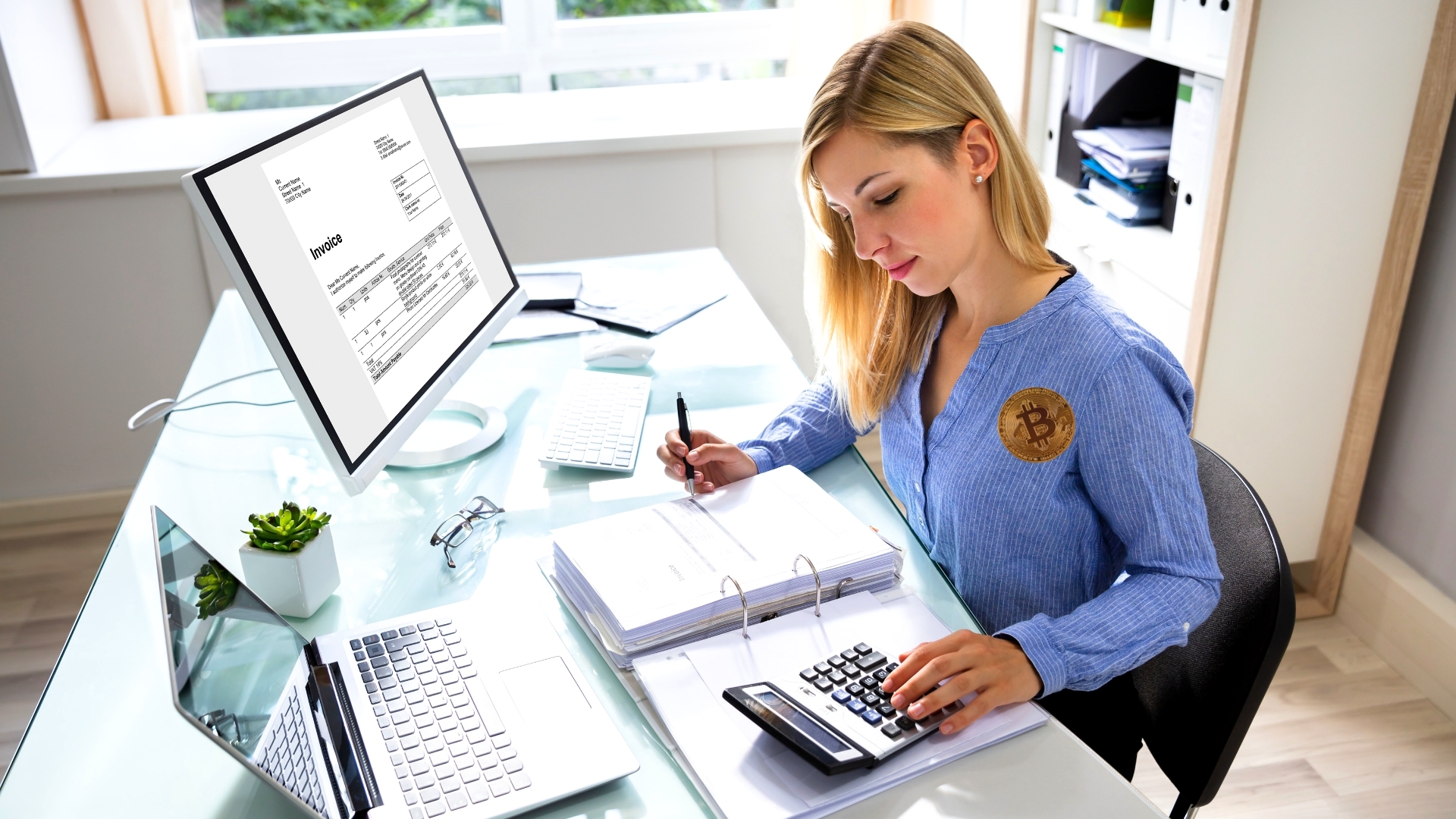 A woman with a Bitcoin badge makes calculations at a desk.