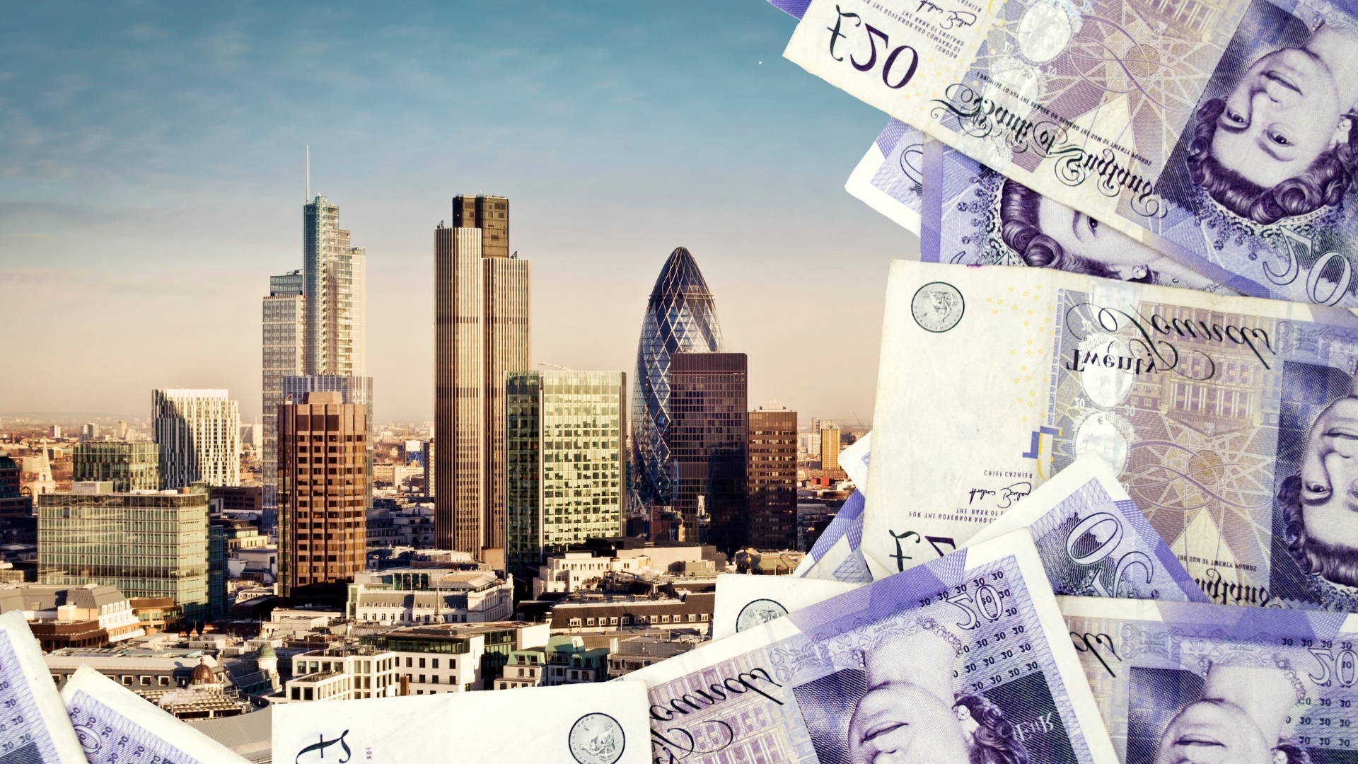 The skyline of London is partially obstructed by pound notes.