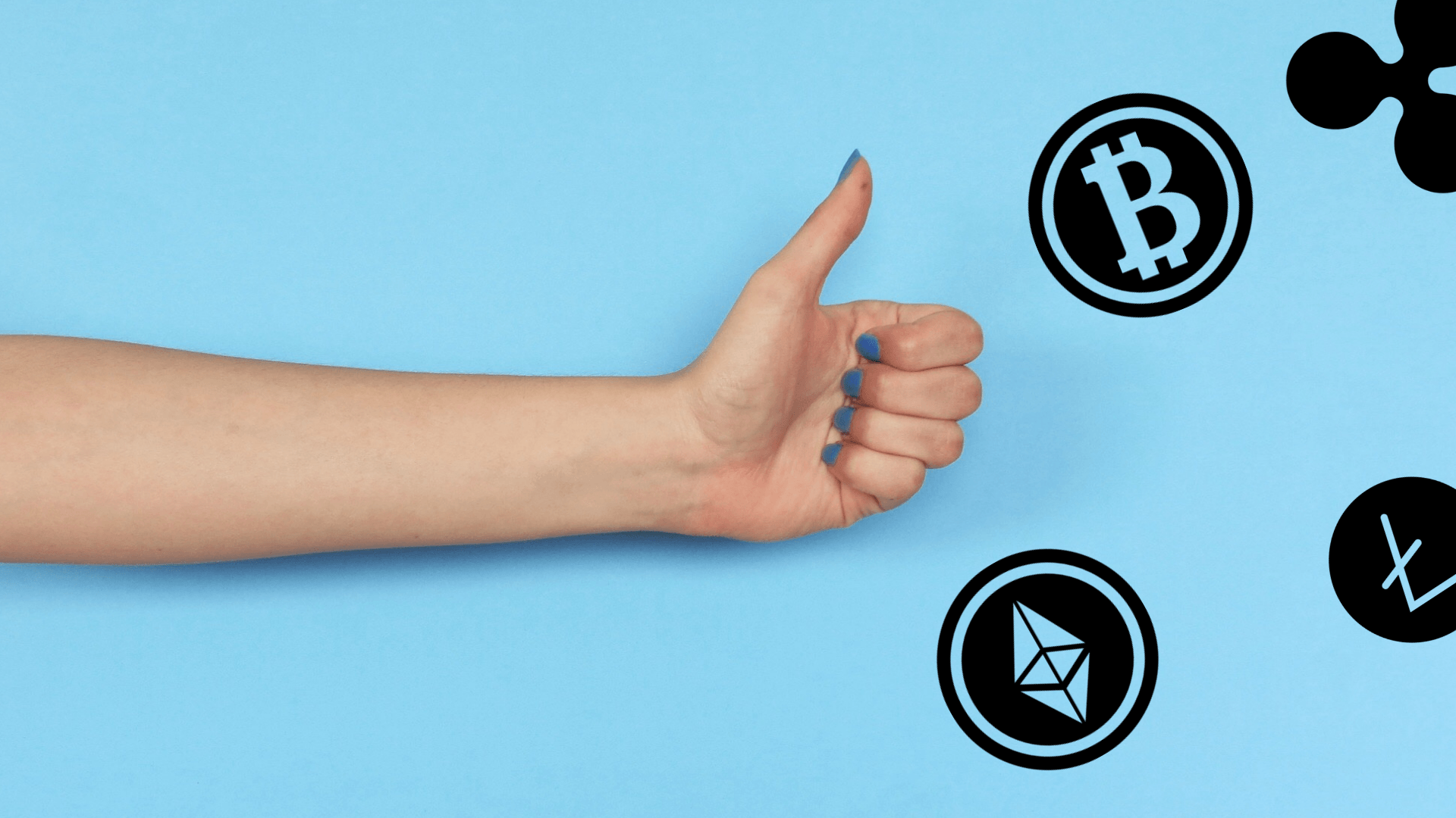 hand showing thumbs up, symbolising Facebook, with cryptocurrency symbols around it