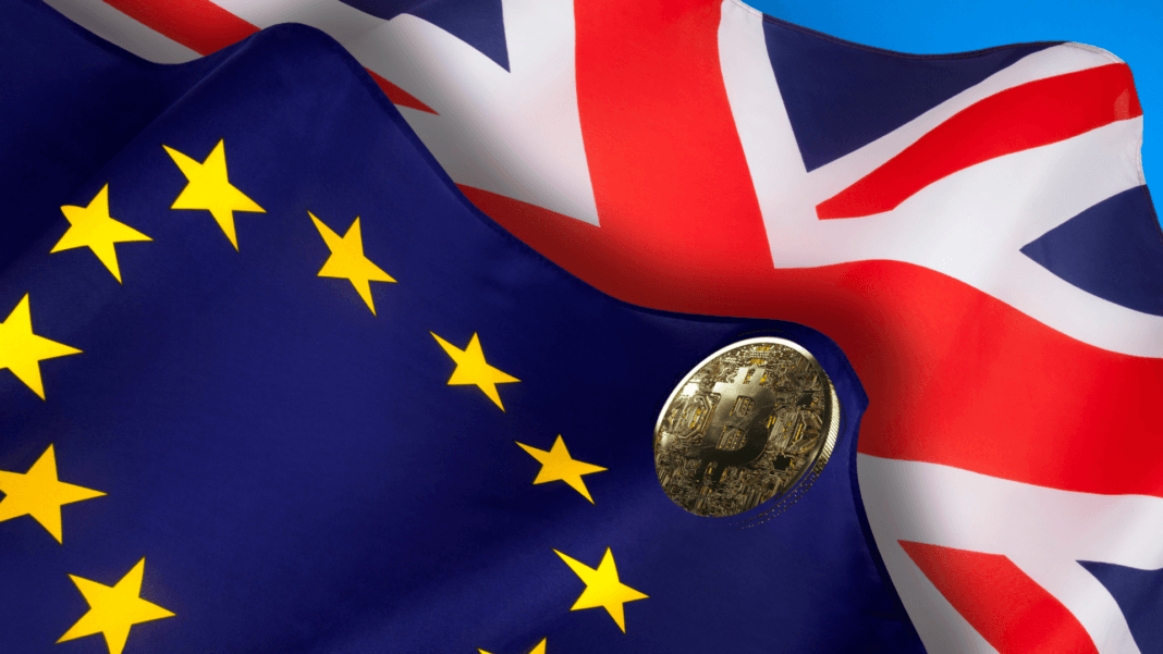 The flags of the United Kingdom of Great Britain and the European Union, along with physical representation of cryptocurrency.